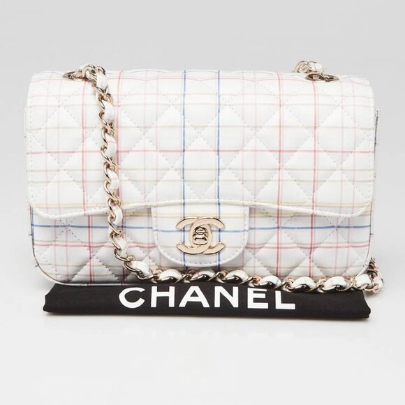 Chanel White Multicolor Quilted Leather Plaid Printed Single Flap Bag - Picture 10 of 10